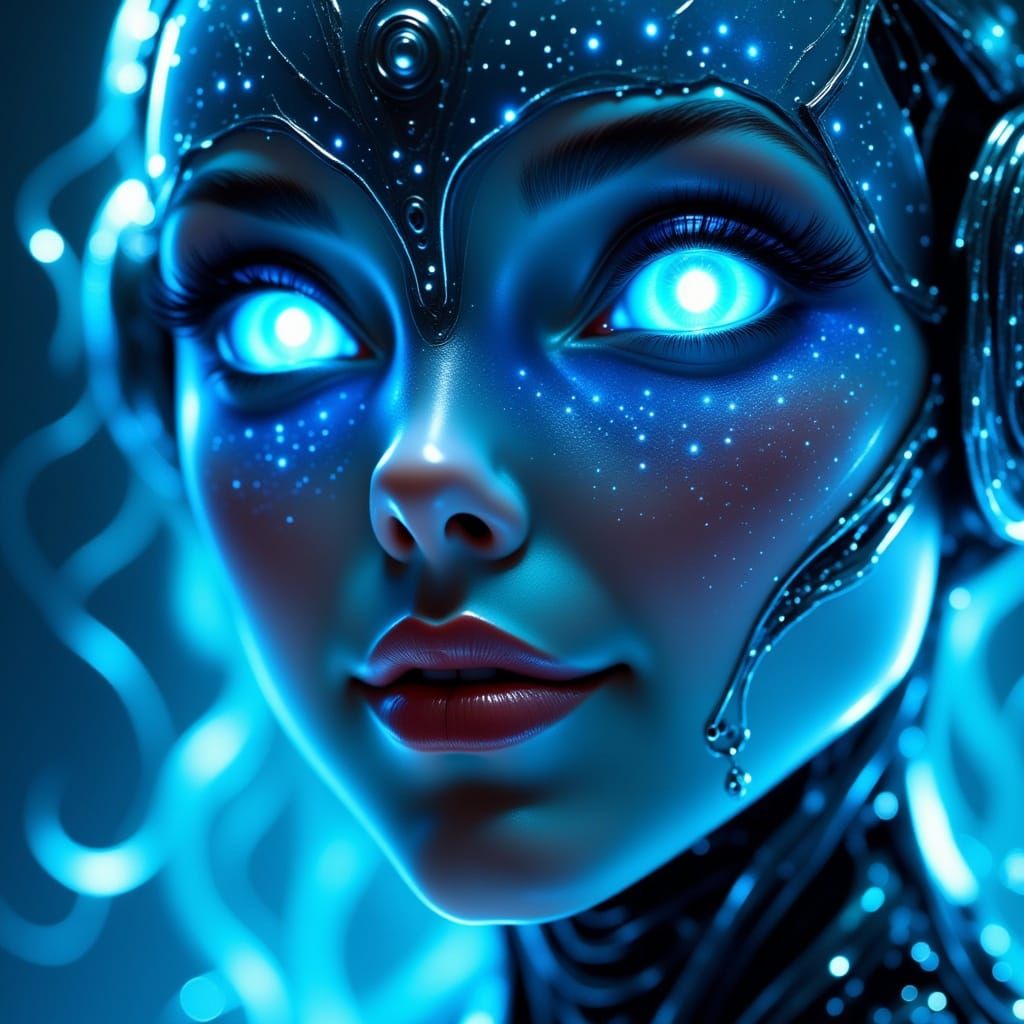 Futuristic Robot Portrait with Radiant Blue Sky Eyes