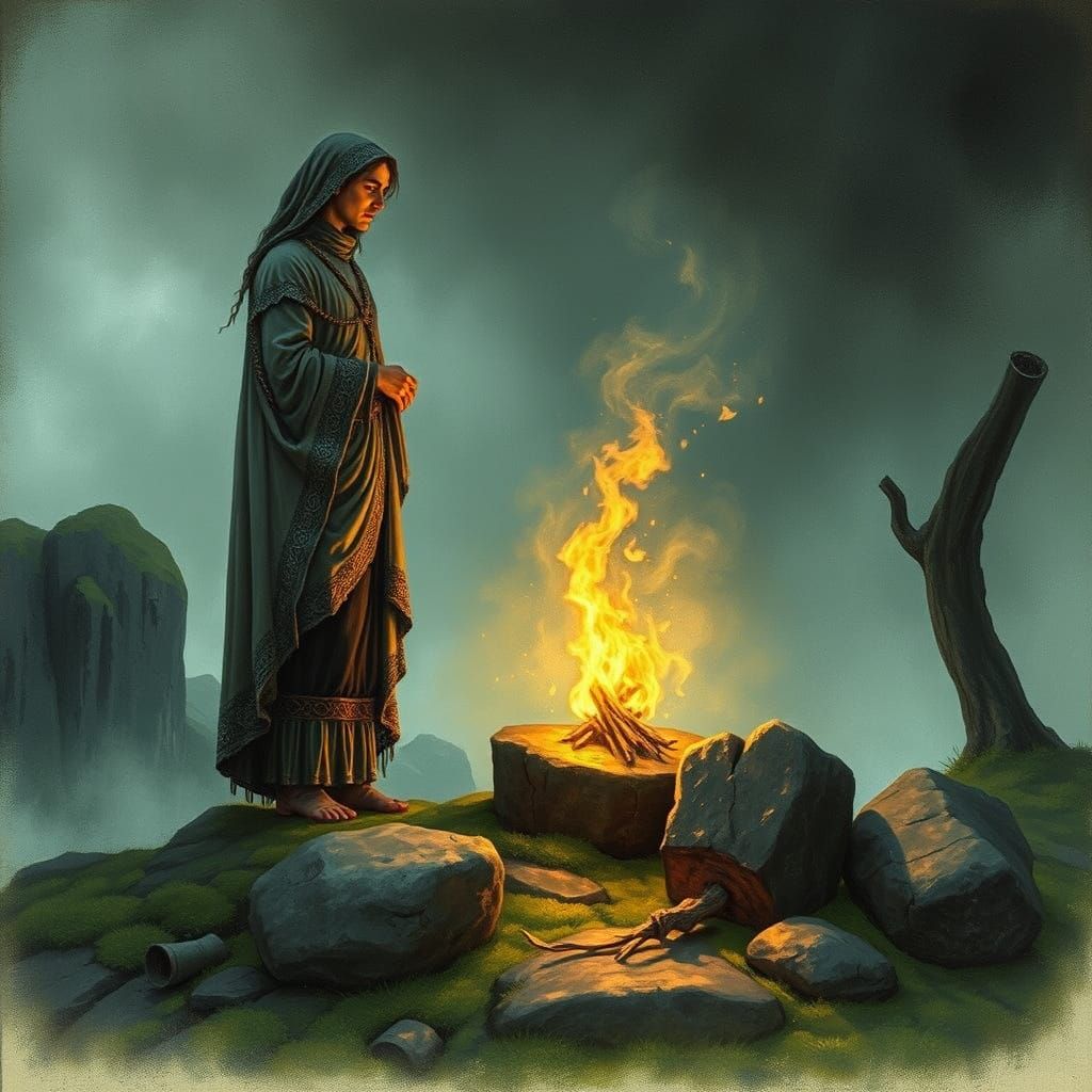 Cumhail Guards Ancestral Fire in Pre-Raphaelite Style