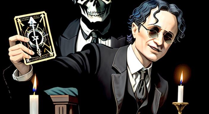 Magician Houdini Confronts Fate in Spooky Tarot Scene