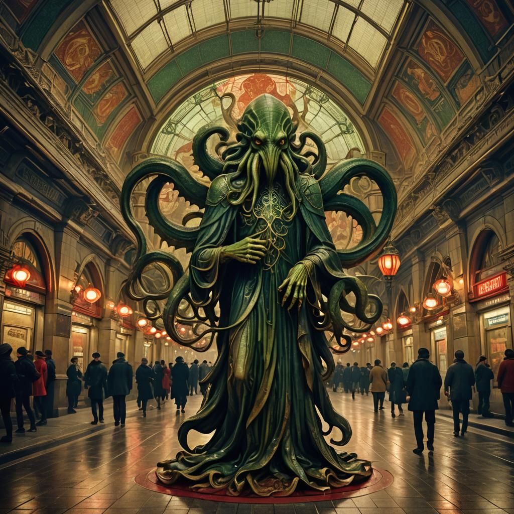 Cthulhu Emerges from Paris Metro in Art Nouveau