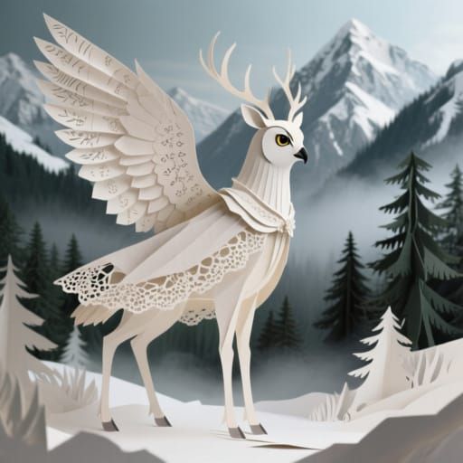 Noble Deer-Owl Hybrid with Paper Wings in Alpine Landscape
