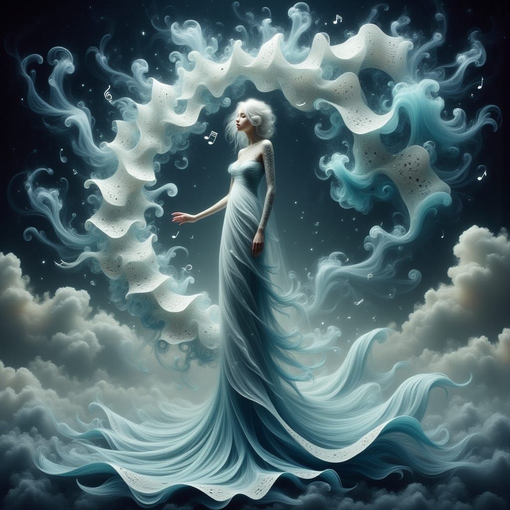 Ethereal Woman in a Whirlwind of Sheet Music