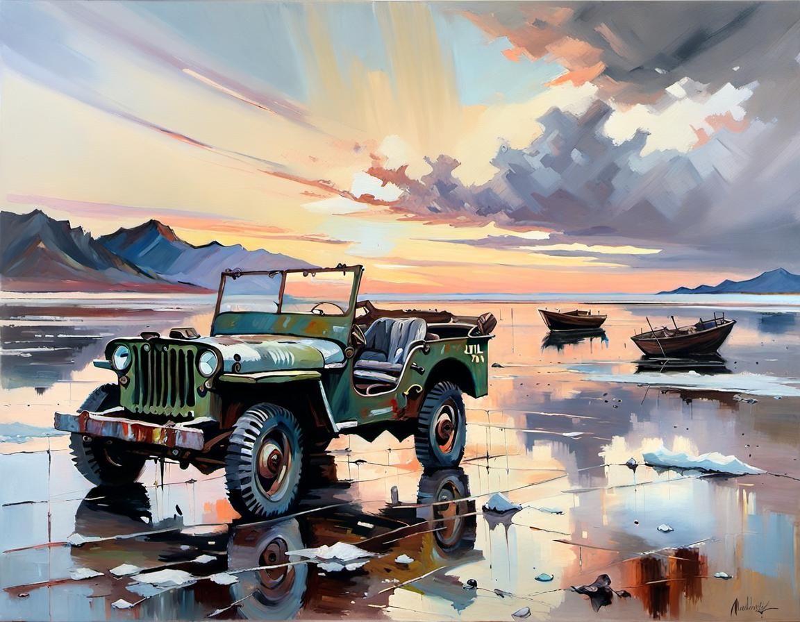 Willys Jeep Wreck on Salt Flat: Oil Painting