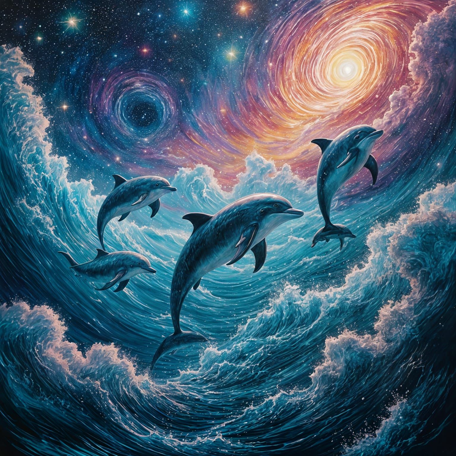 Colorful Cosmic Dolphins in Graffiti Style