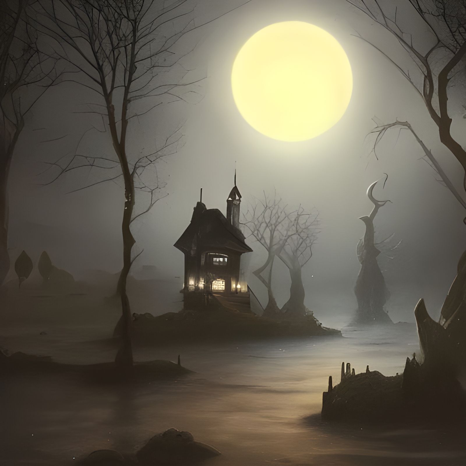 Dark Fantasy Haunted House Under Crescent Moon