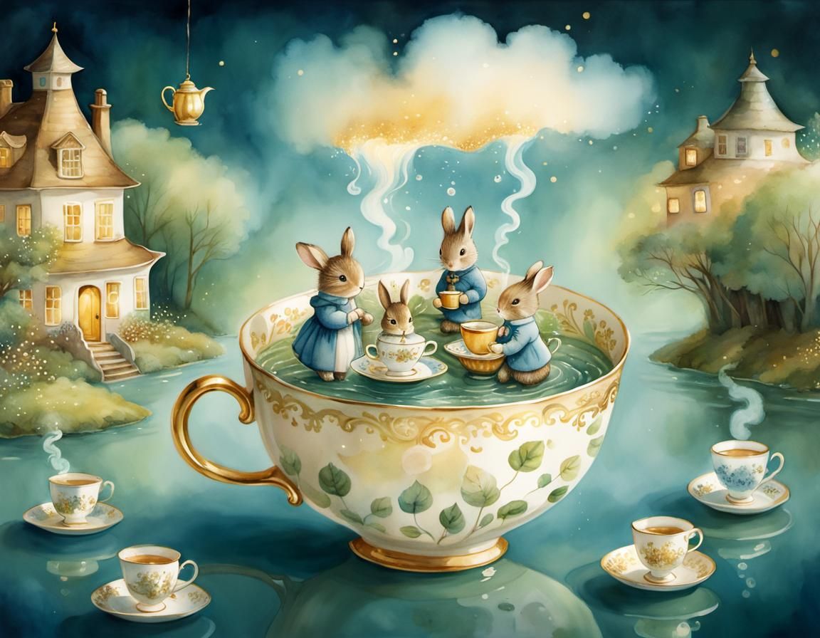 Enchanting Teacup Scene in Watercolor Style