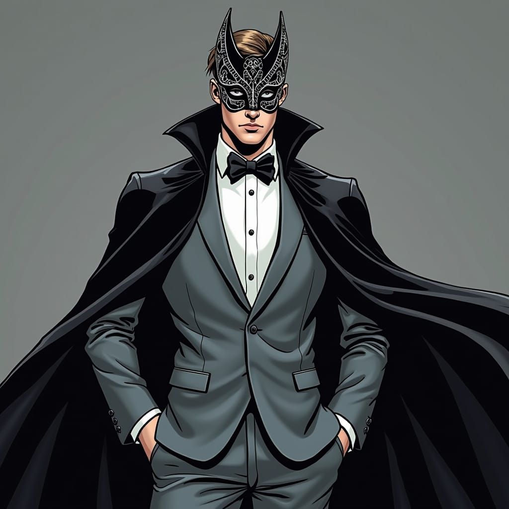 Gothic Gentleman in Bat Mask, Tuxedo, and Cape