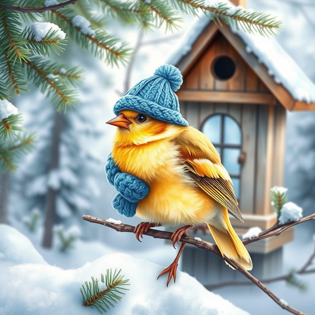 Vibrant Watercolor Canary in Winter Wonderland