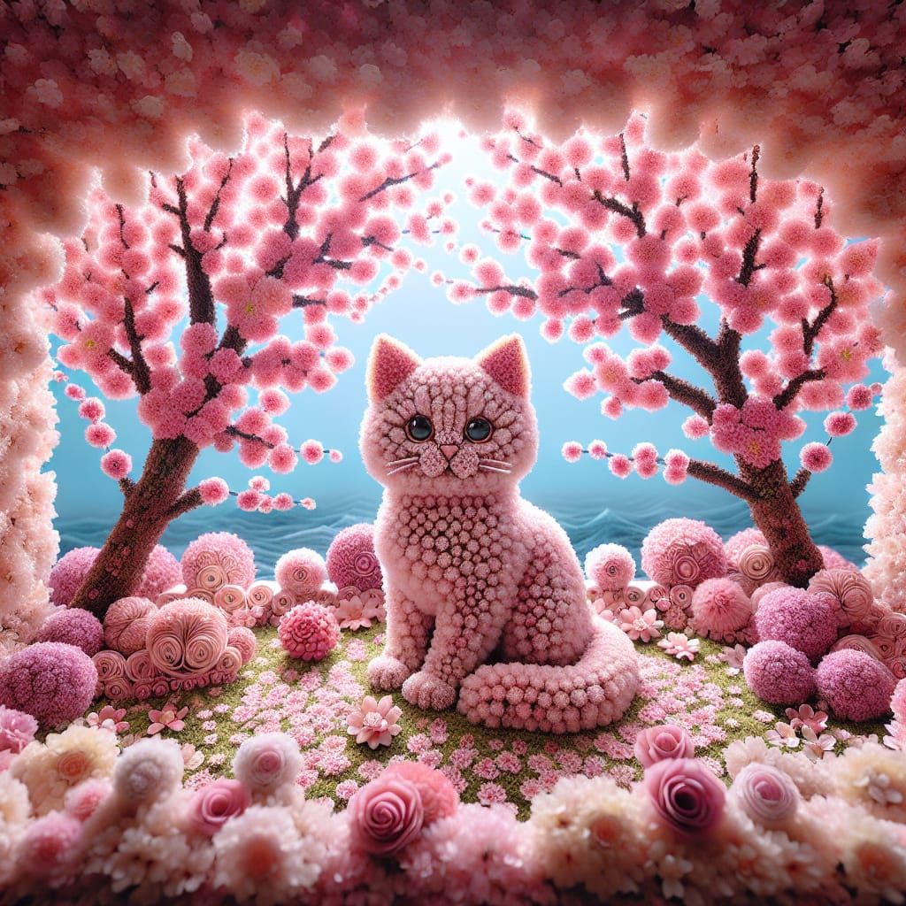 Sakura Kitten Diorama with Impressionist Flair
