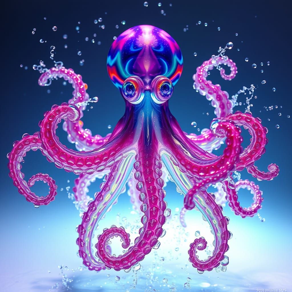 Surreal Water Octopus Dances in Iridescent Light