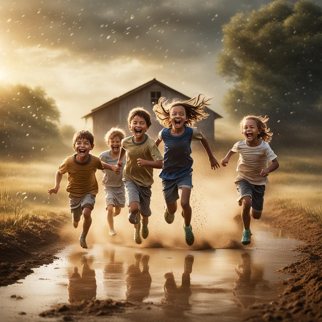 Children Celebrate First Rain in Golden Field