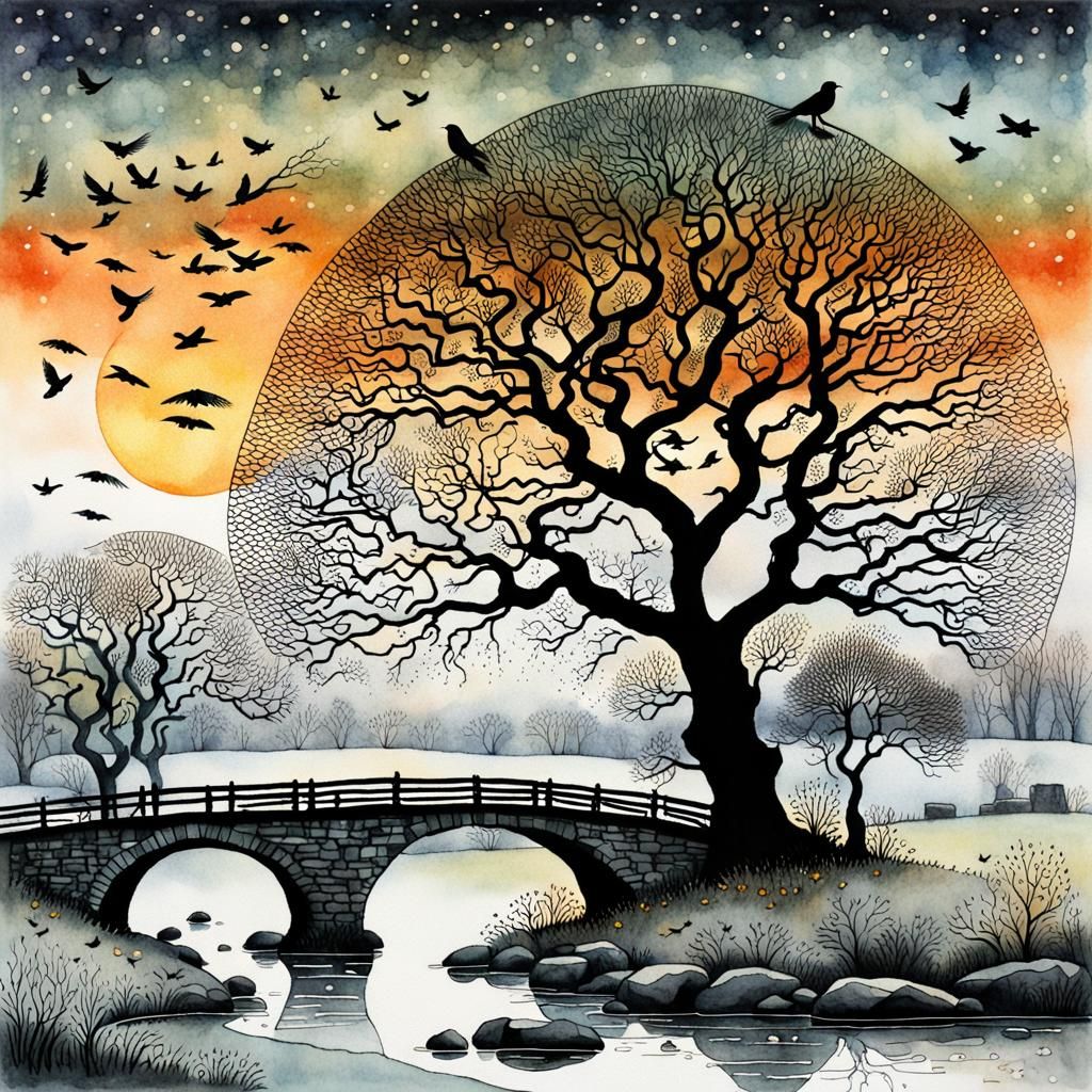 Magpies in Misty Winter Landscape, Watercolor and Ink