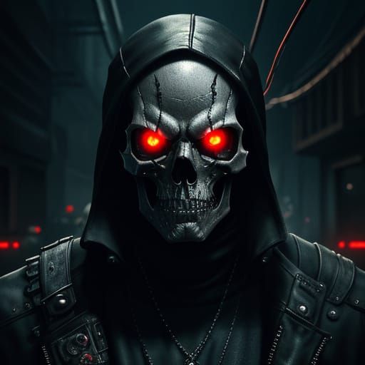 Cyberpunk Metal Skull with Glowing Red Eyes