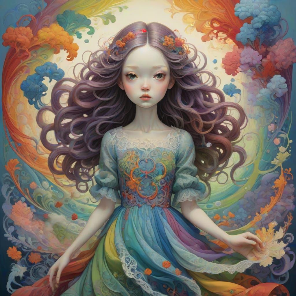 Whimsical Girl Emanates Rainbow Aura in Dreamy Landscape