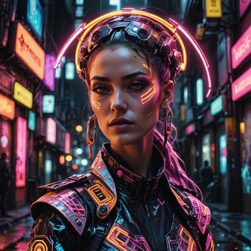 Cyberpunk Fashion Portrait in Neon Lit Street
