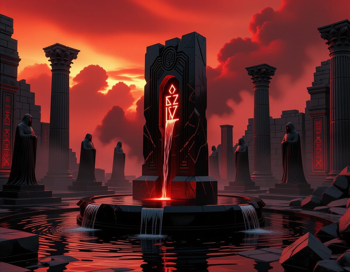 Sith Fountain in Ruined Temple with Crimson Sky