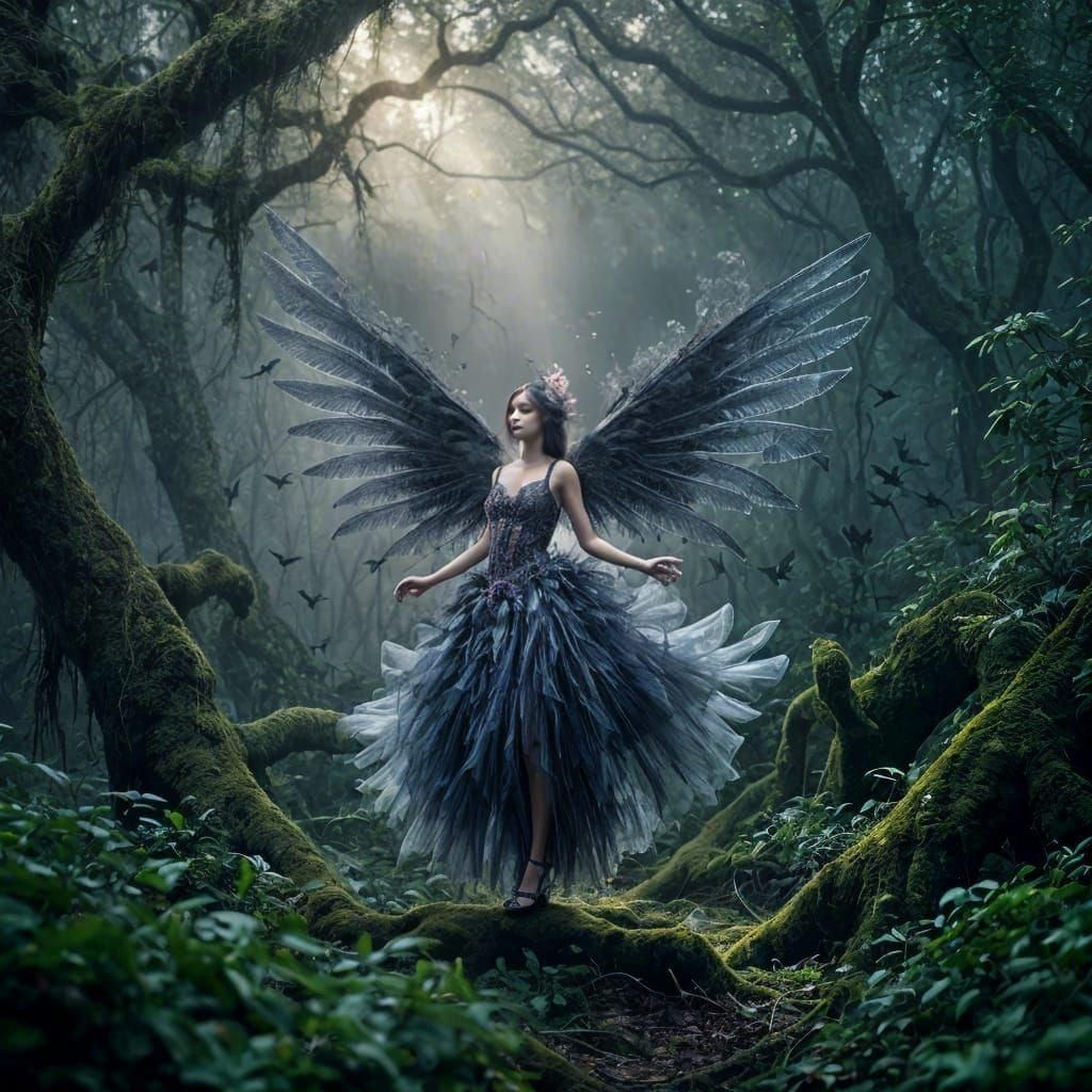 Dark Fairytale: Slender Fairy Dancing in Misty Forest