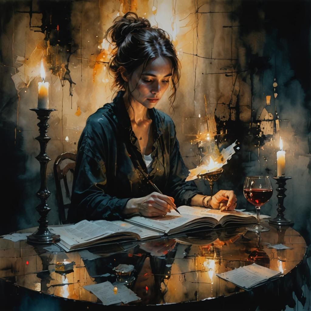 Woman Reading in Candlelight with Alcohol Ink Style