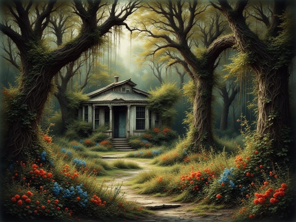 Eerie Abandoned Garden in Antique Watercolor Style