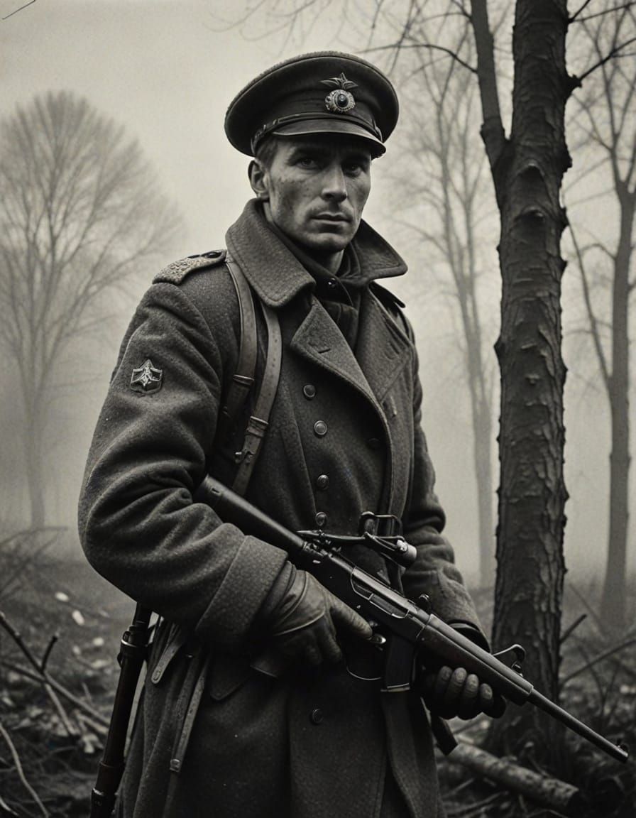 Russian Soldier in Faded Black and White
