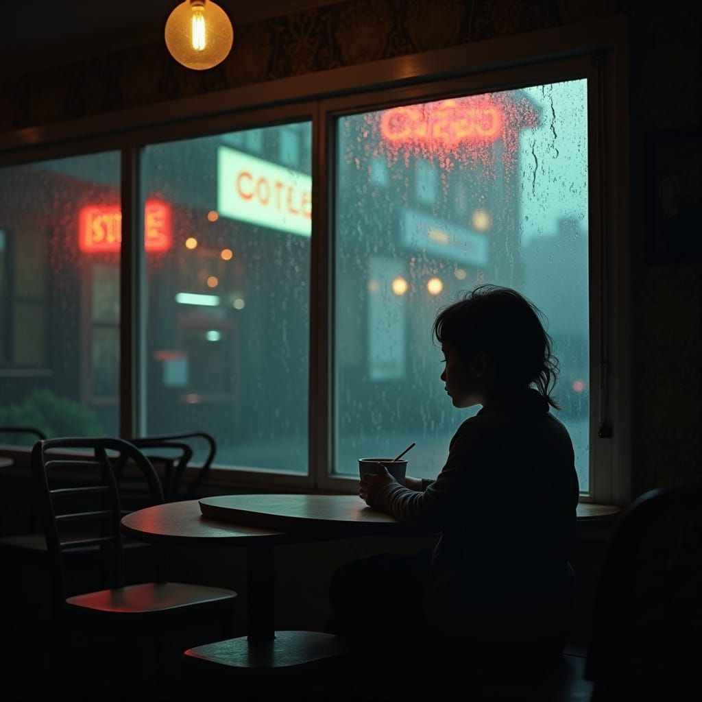 Melancholic Girl in Dim Coffee Shop Gazing at Rainy Window