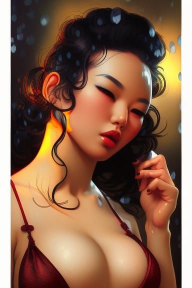 Asian Pin-Up Girl in Rain, Digital Art