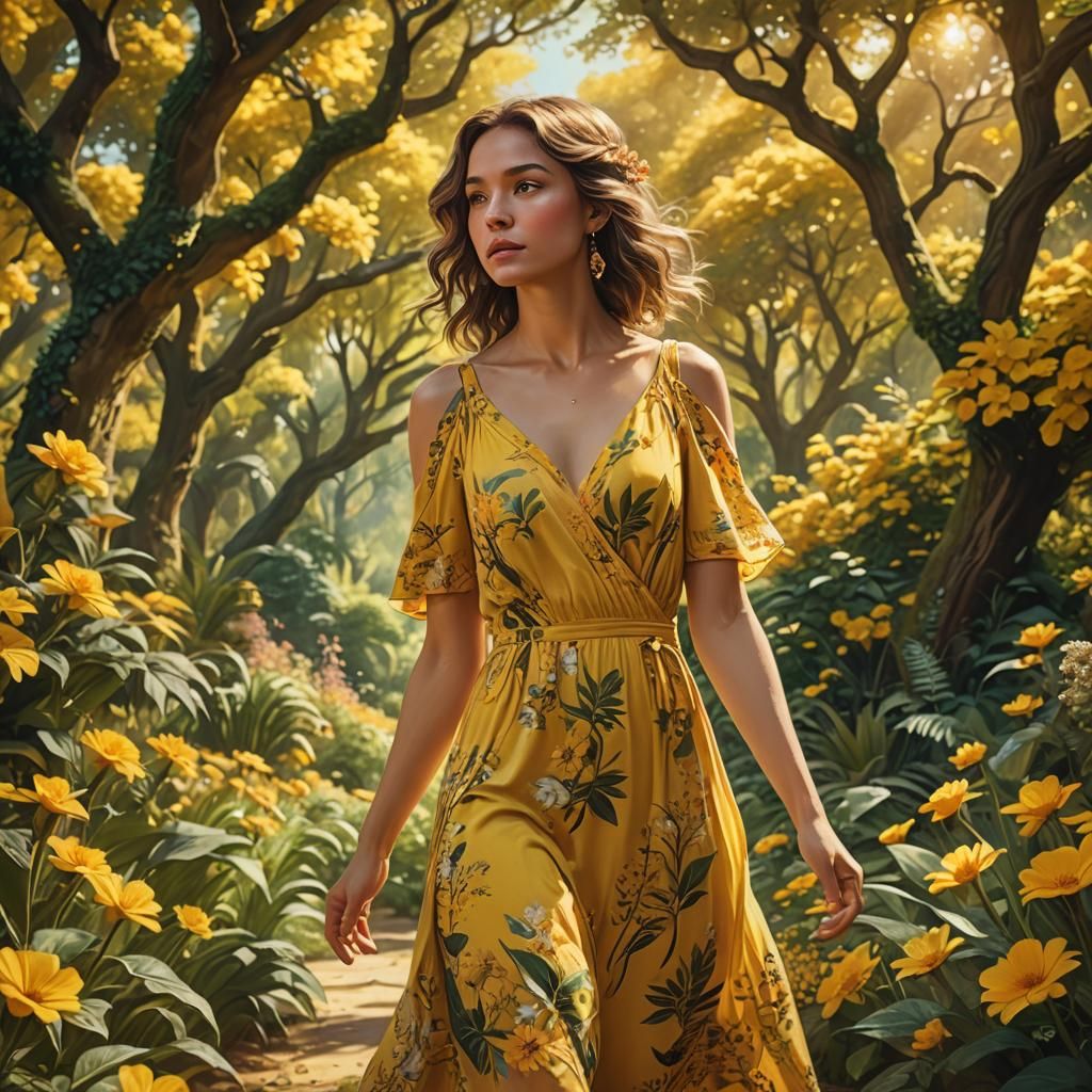 Woman in Yellow Dress in Fantasy Garden