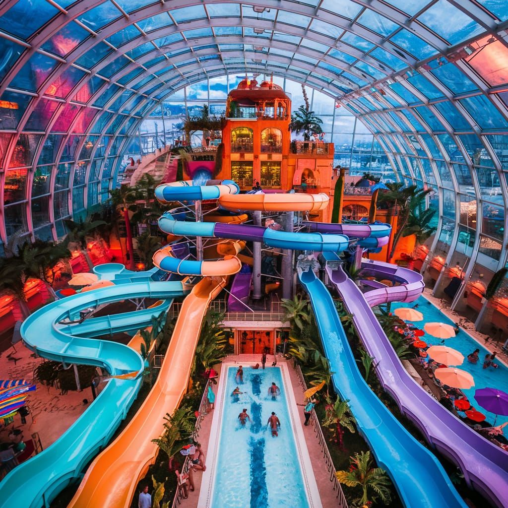 Vibrant Indoor Water Park with Colorful Slides