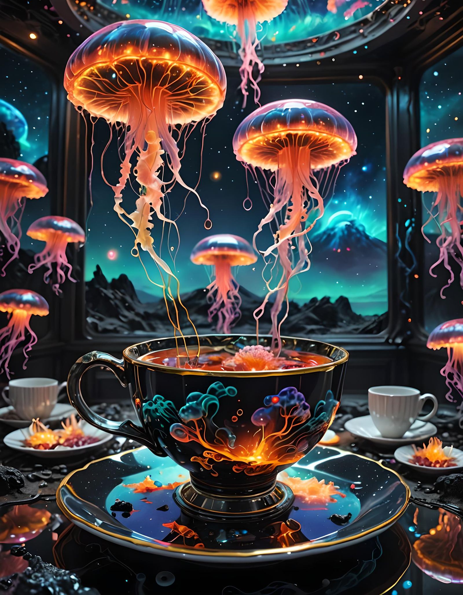 Surreal Jellyfish Teacup in Aetherpunk Style