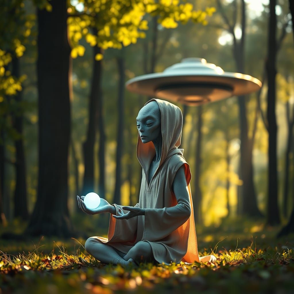 Alien in Serene Forest Meditates with Glowing Orb and UFO