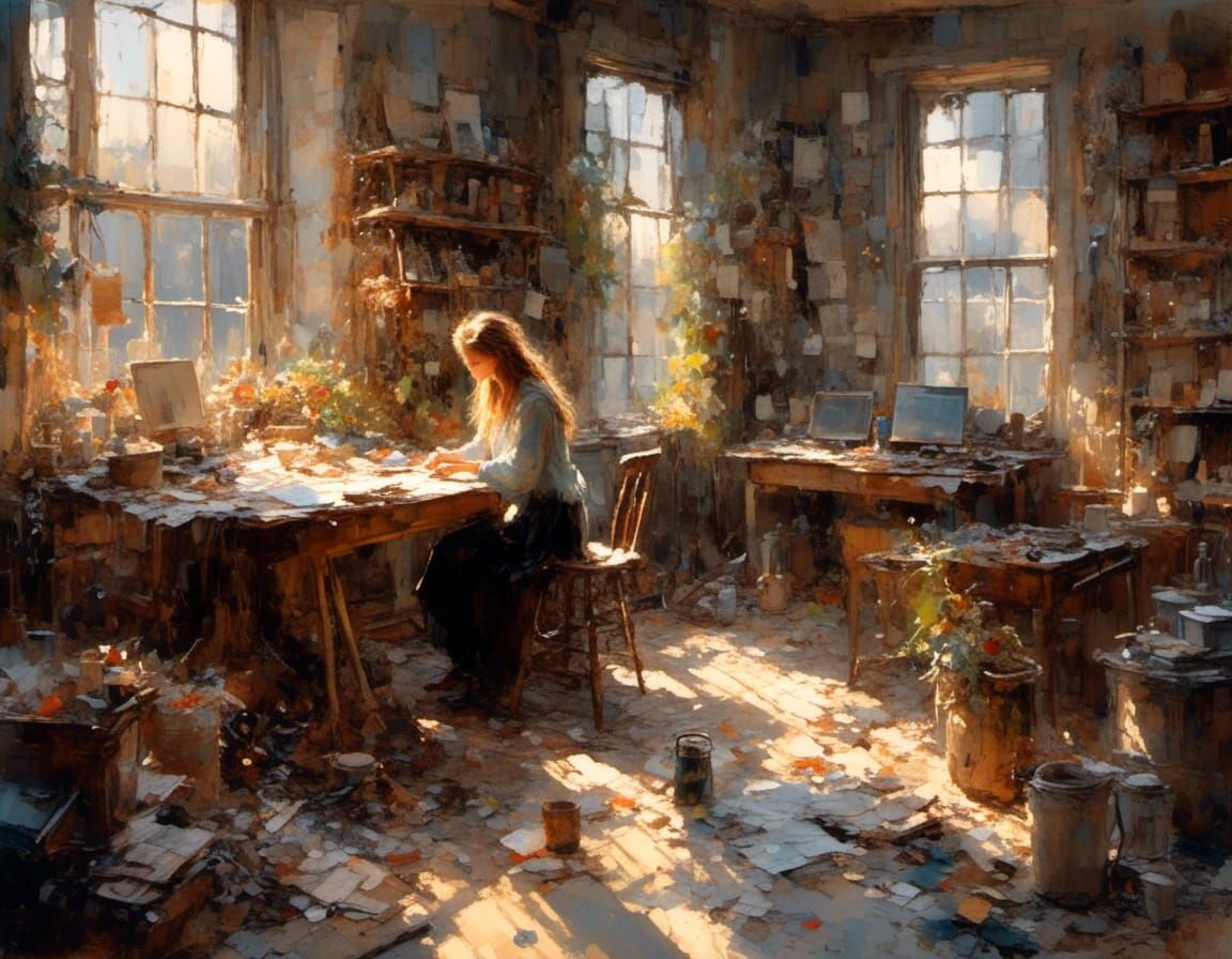 Serene Woman Artist in Studio with Soft Light