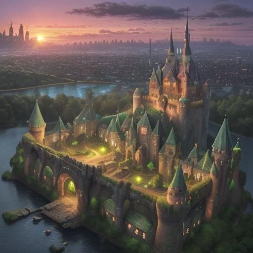 Castle Ruins in Whimsical Fairy Wonderland at Sunset