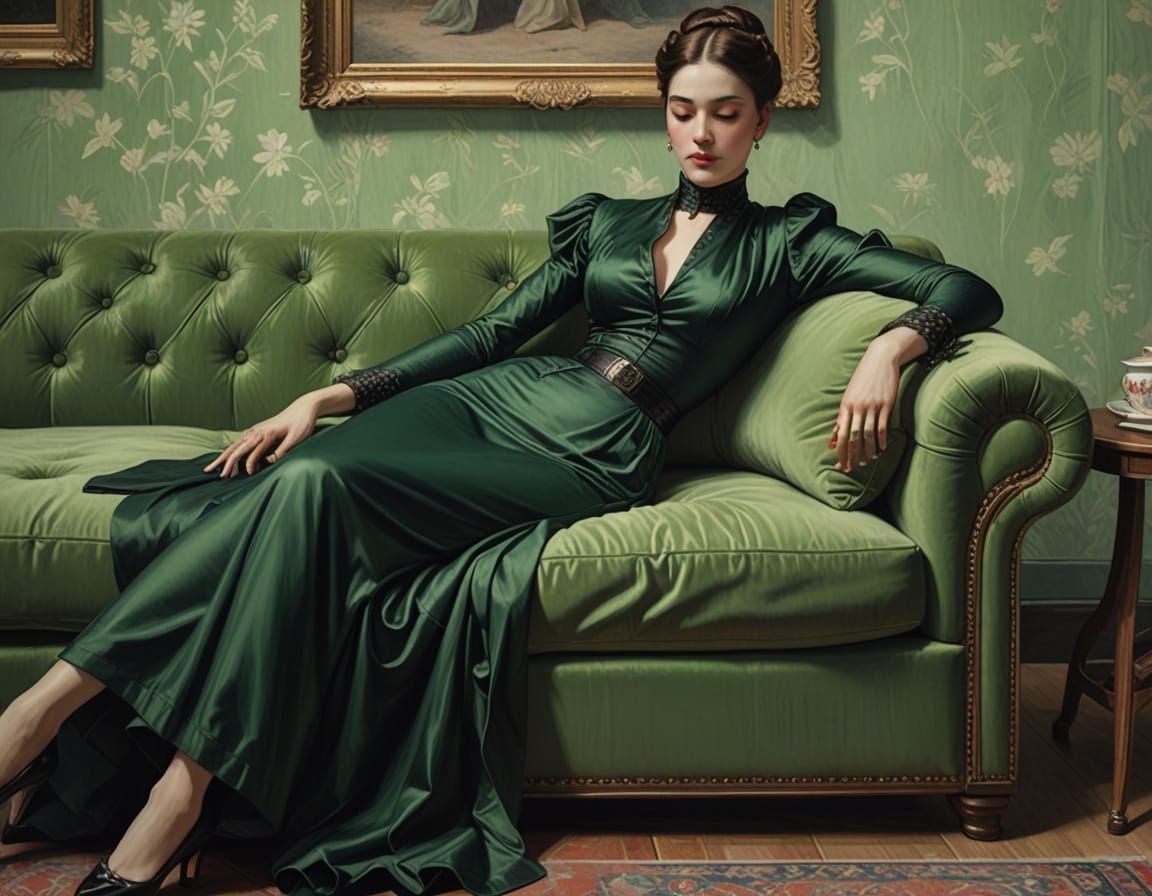 Woman Resting on Couch with Dance Card, Fine Art Painting