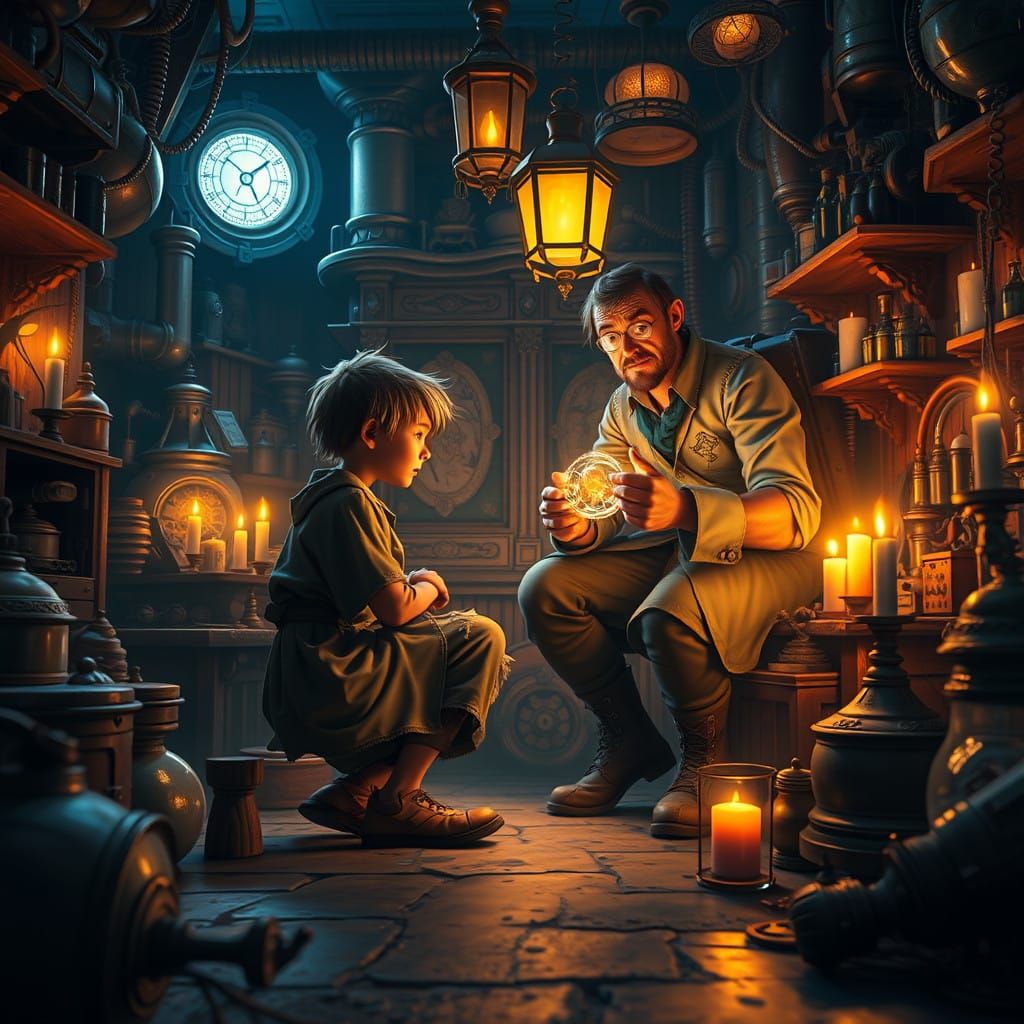 Young Boy Begs for Sustenance in Whimsical Steampunk Laborat...