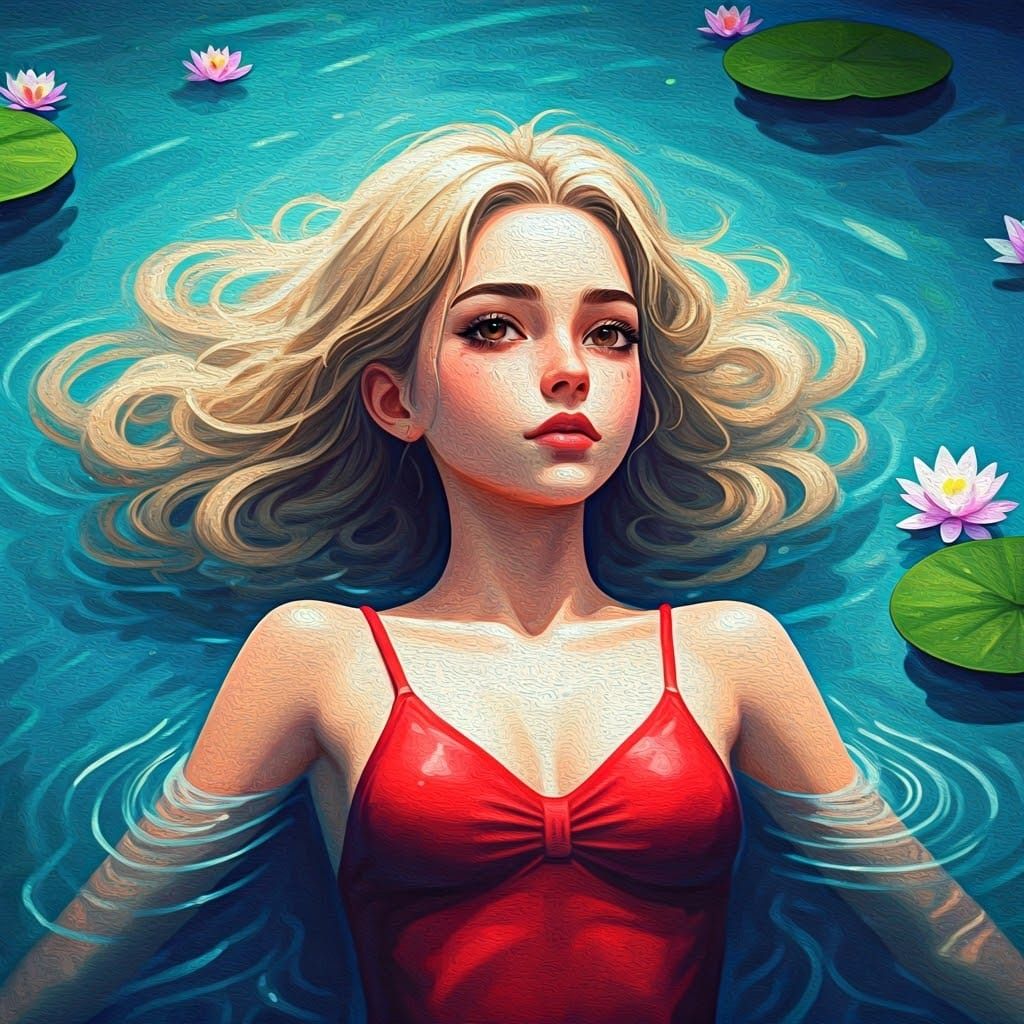 Girl Relaxing in Pool as Dreamy Gouache Painting