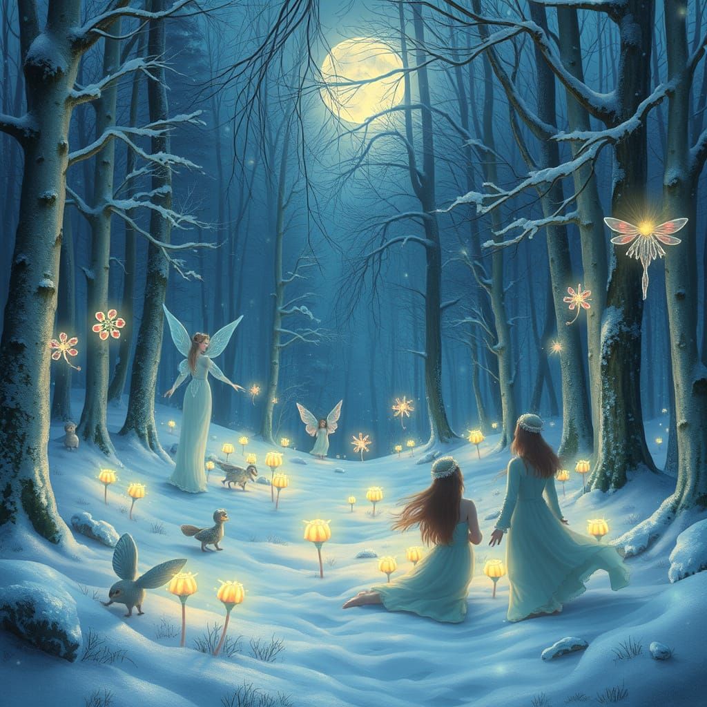 Mystical Winter Forest with Fairies and Light Creatures