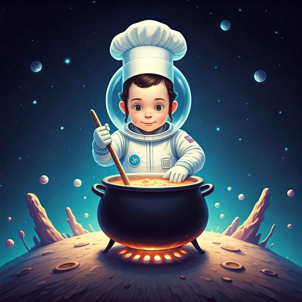 Young Orthodox Astronaut Chef Stirs Cosmic Soup in Watercolo...
