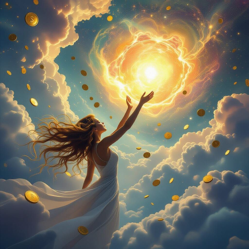 Ethereal Woman Reaches for Sun in Coin Cloud Dreamscape