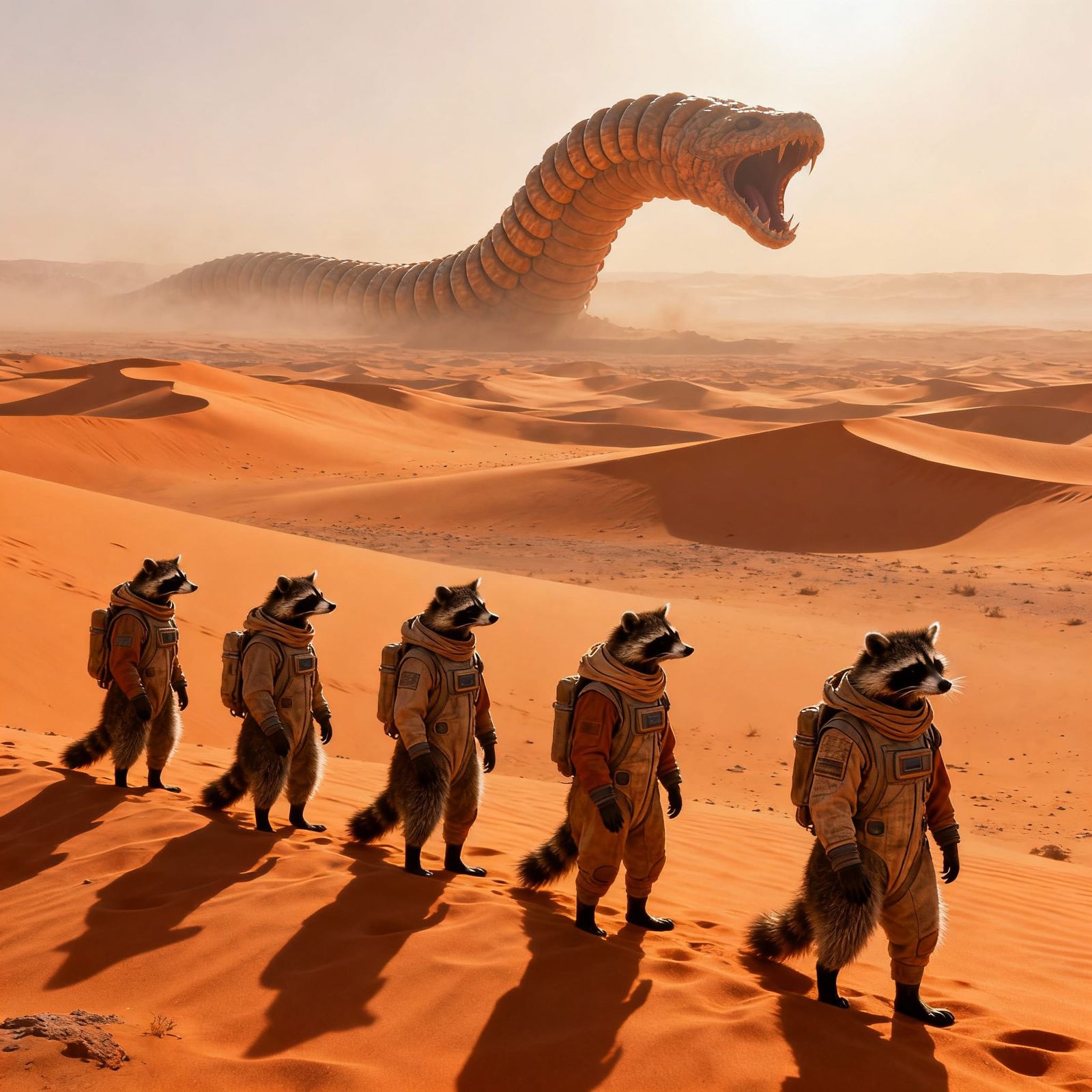 Raccoons in Stillsuits on Desert Earth with Sandworm