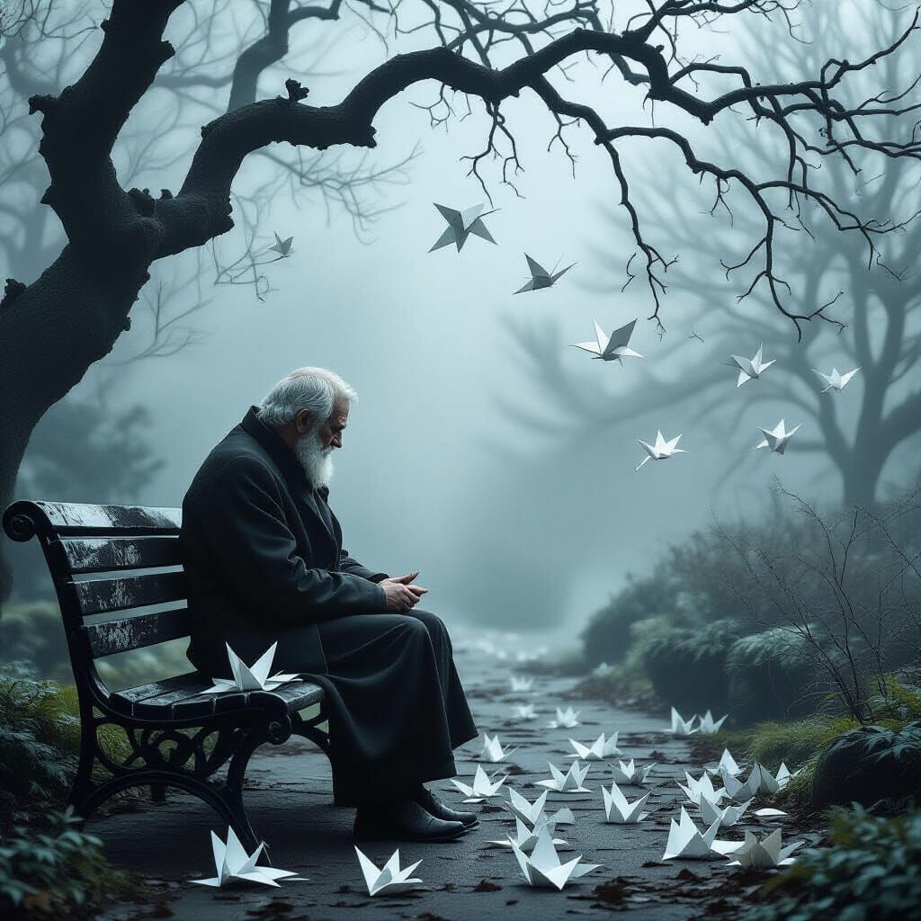 Elderly Man in Foggy Garden with Origami Cranes