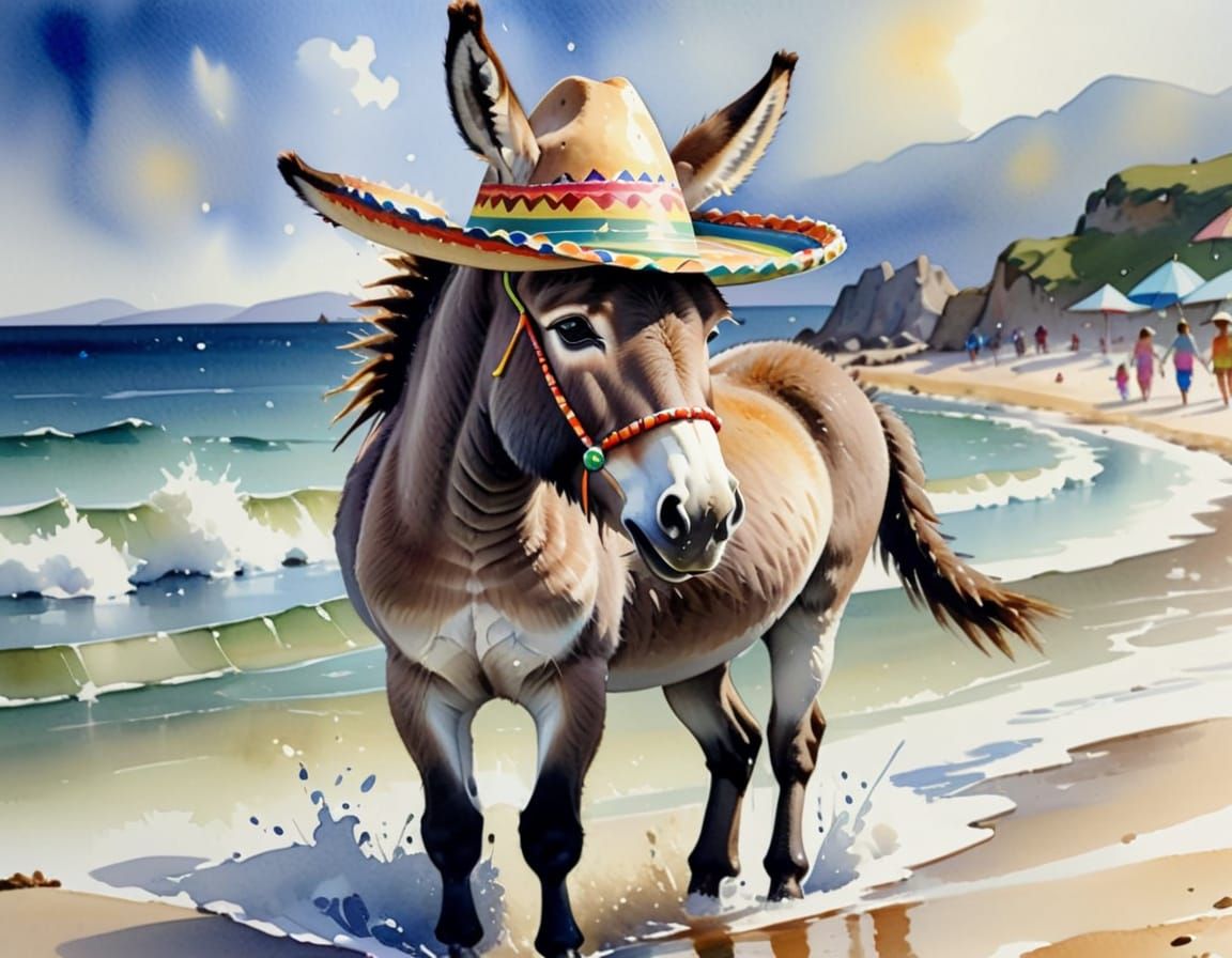 Donkey with Sombrero on Beach in Watercolour
