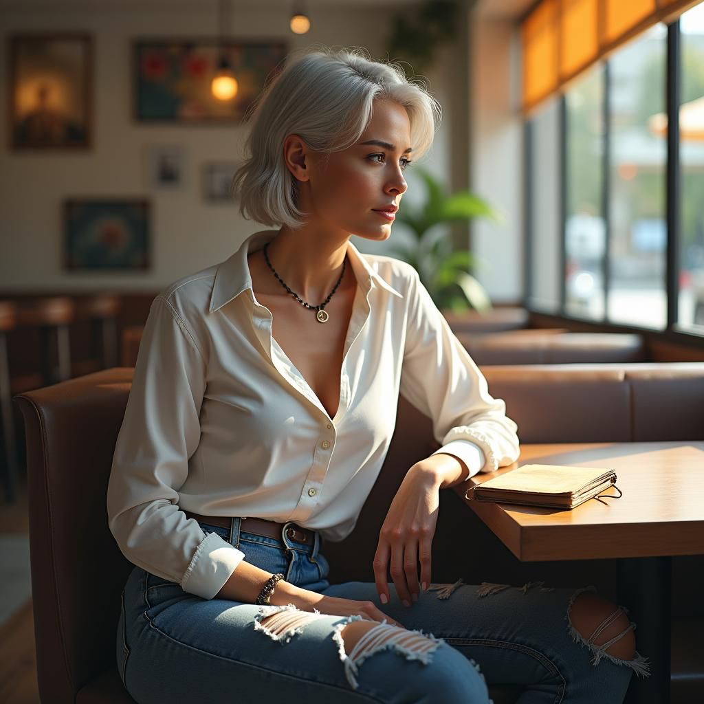 Mature Woman in Cafe: Photorealistic Fantasy Art