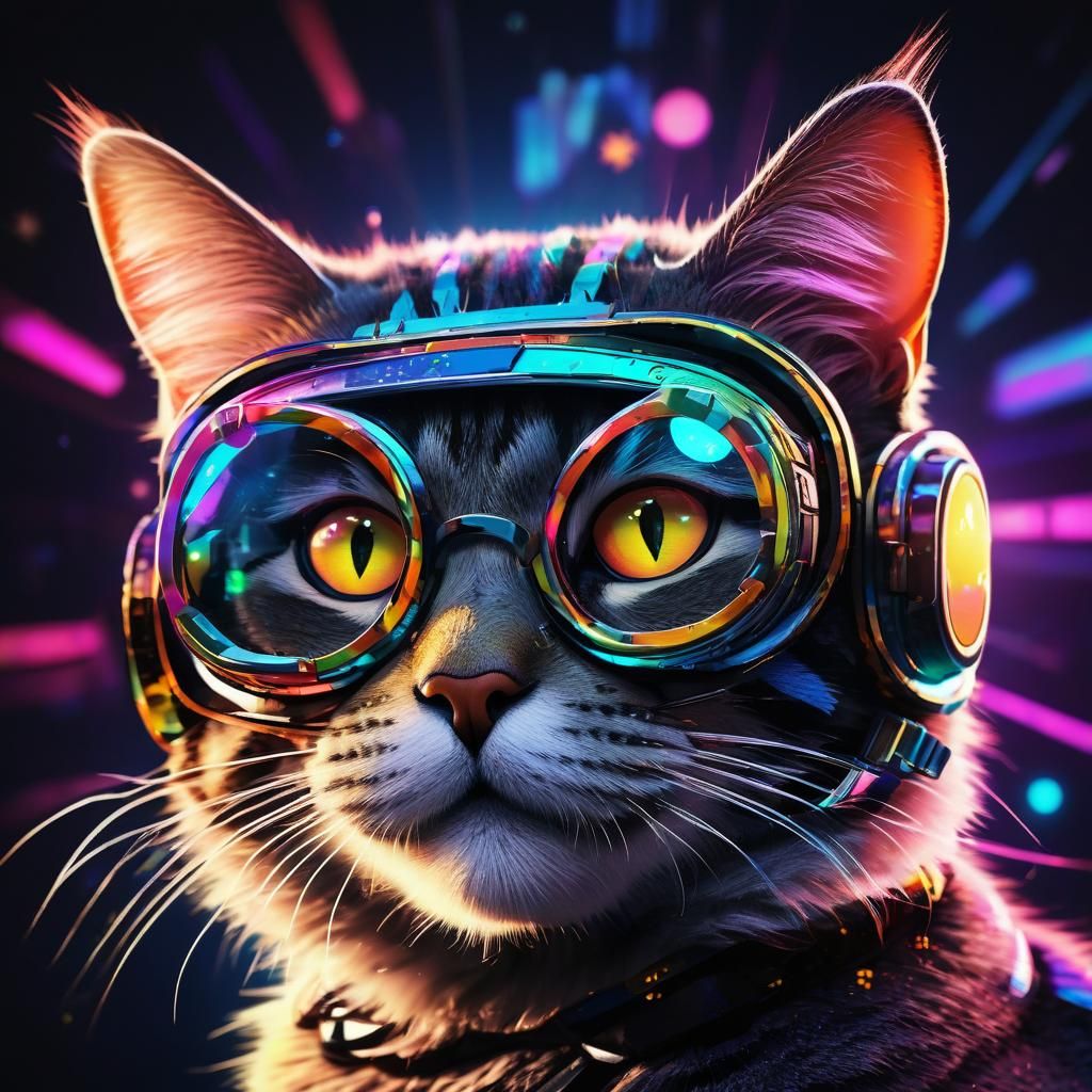 Surreal Cartoon Cat Portrait in Neon Lights