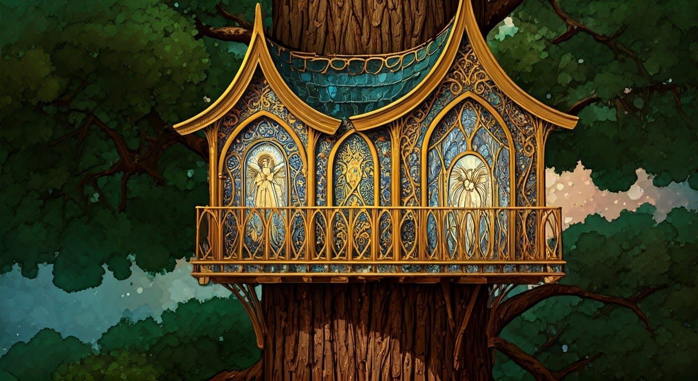 Majestic Redwood Treehouse with Gemstone Facade and Angelic ...