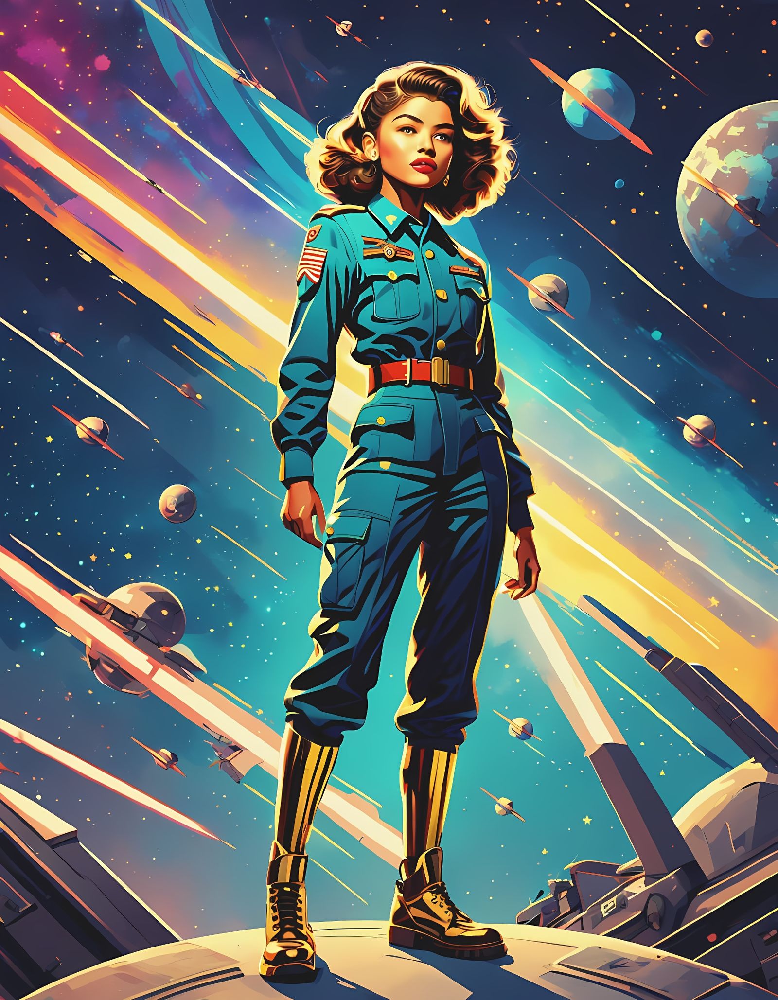 Retro Sci-Fi Pin-Up Girl in Space, Pop Art Style
