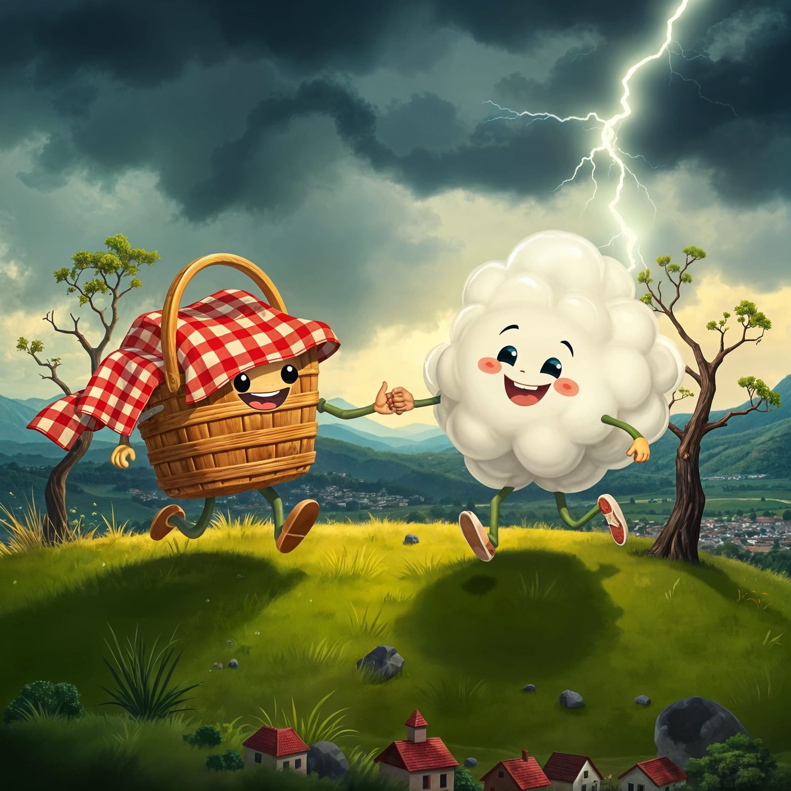 Joyful Picnic Basket and Storm Cloud Running Together