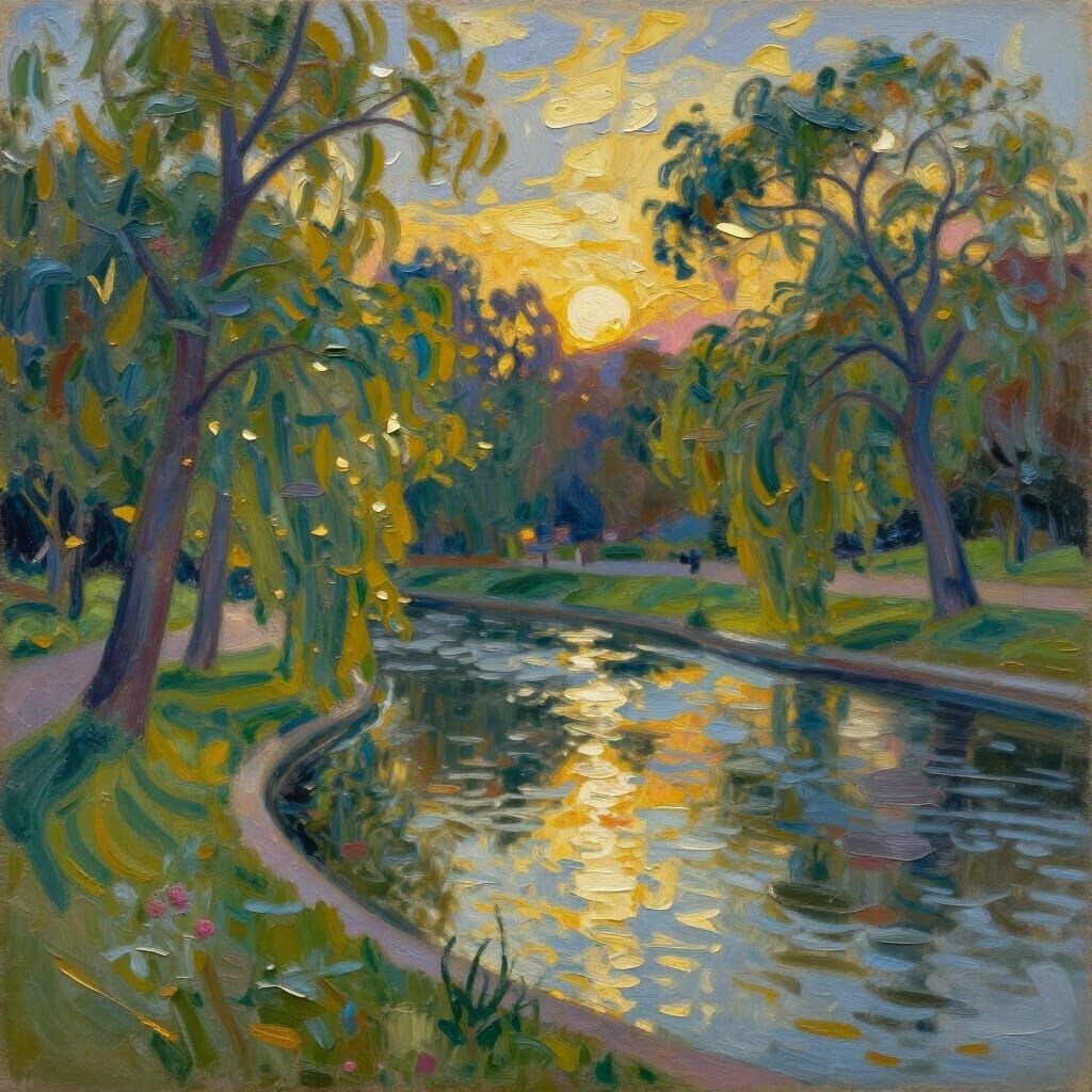 Golden Hour River Park Oil Painting