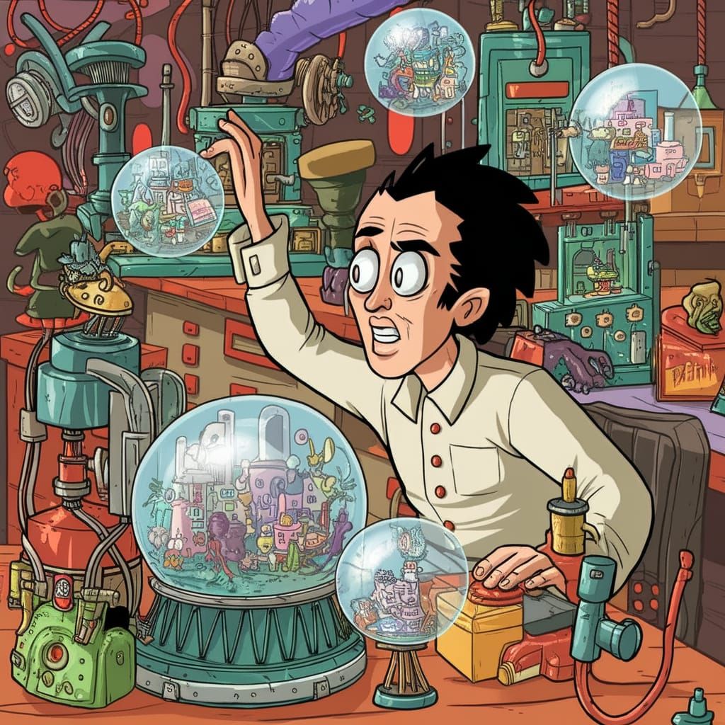 Eccentric Inventor's Dream-Bubble Machine in Ghibli Style