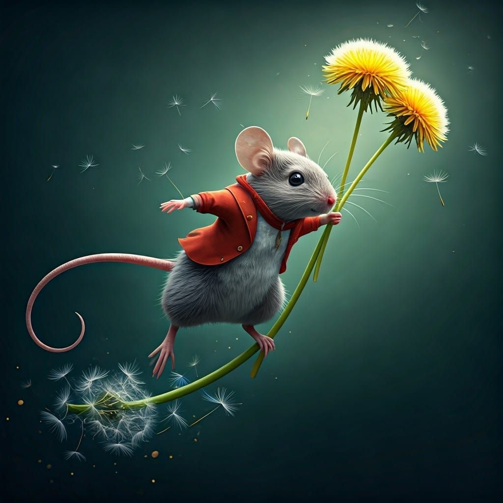 Vibrant Hyperrealistic Mouse Soars on Dandelions in Mid Air