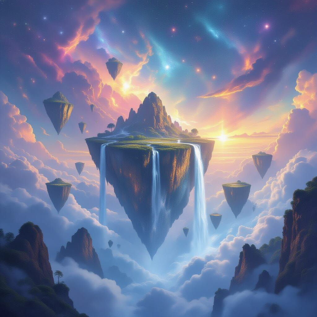 Surreal Dreamscape of Floating Islands in Cosmic Sky